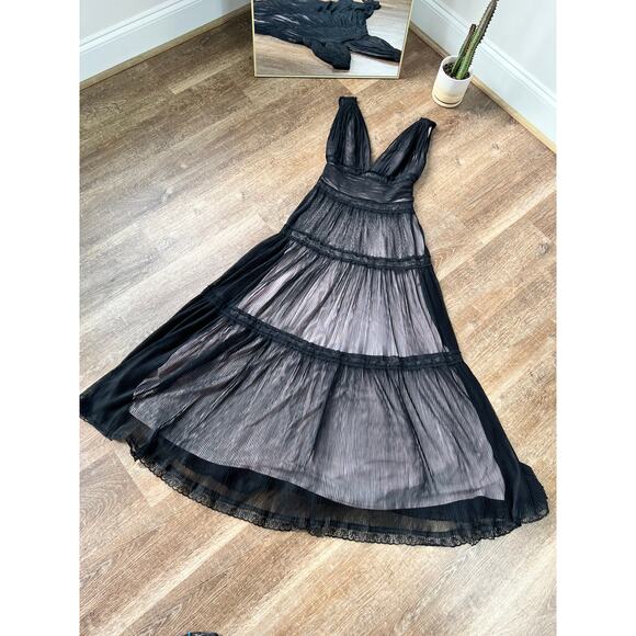 Vintage Tadashi Shoji Sleeveless Tiered Lace & Tulle Gown Whimsical Goth Black - Picture 5 of 10